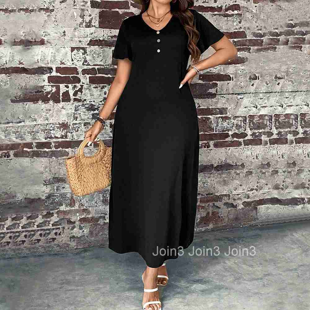 Large Size Womens Round Neck Short Sleeved Loose Dress Daily Casual Simple Style Versatile Long Skirt for Women