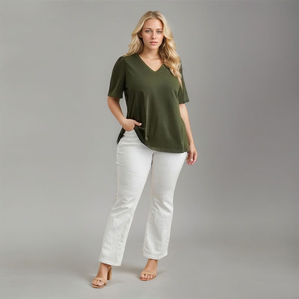 Womens 2025 Spring/summer New Solid Color V-neck Short Sleeved T-shirt for Women