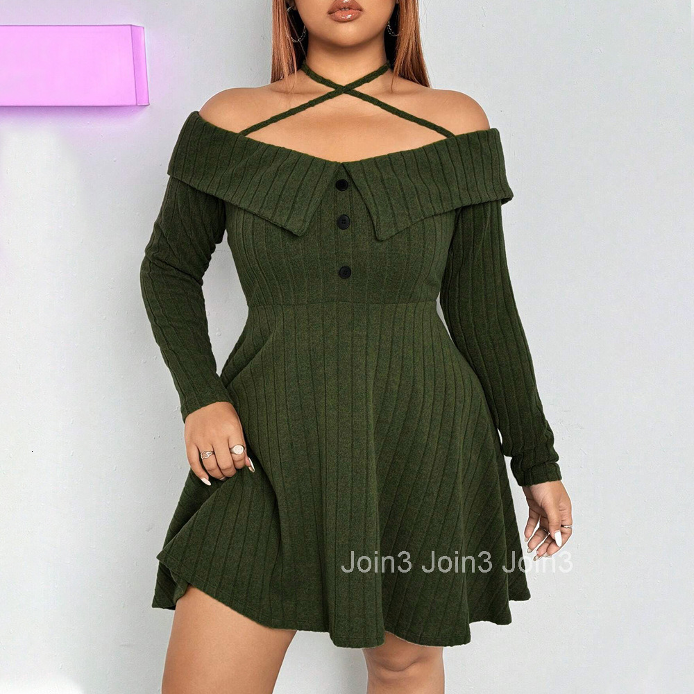 Oversized Womens Instagram Sexy Trendy Dress Autumn and Winter Hanging Neck Off Shoulder Design Short Skirt
