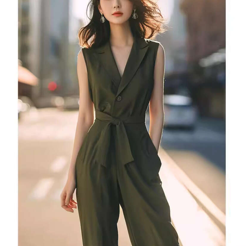 Wide Leg Jumpsuit Light Mature Style Green Suit Jumpsuit Women S Clothing Summer High End Professional Sleeveless One Piece Wide Leg Pants Set