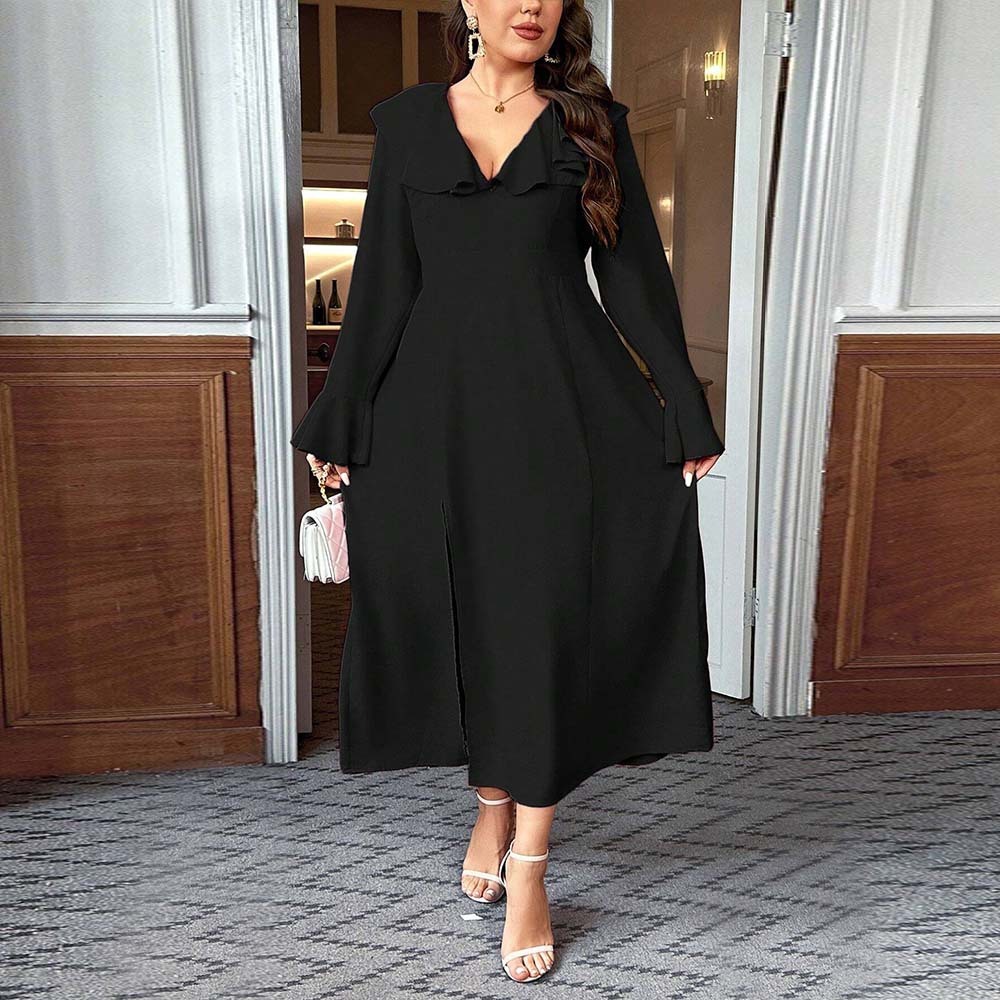 Womens Elegant and Intellectual Style Dress Autumn and Winter Ruffled Flared Sleeves High Waisted Mid Length Skirt