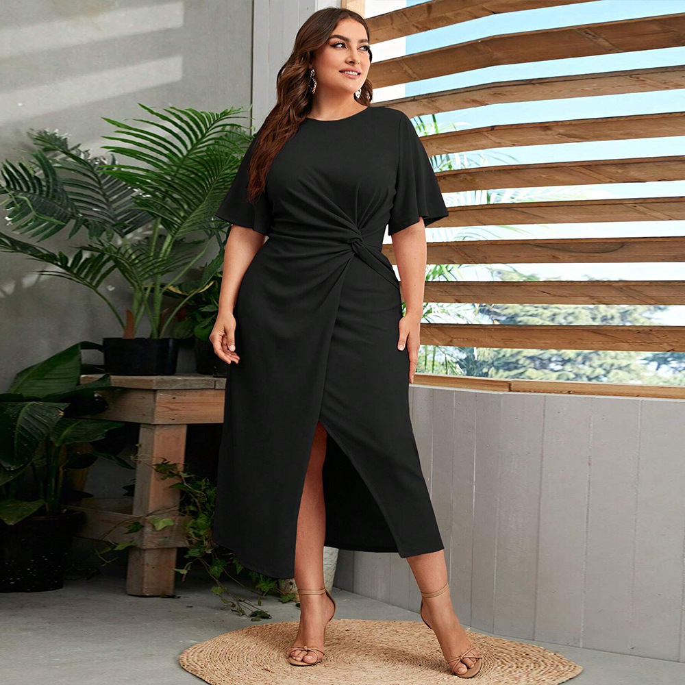 Large Size Womens Round Neck Pleated Dress with Elegant Summer Style and Versatile A-line Mid Length Skirt