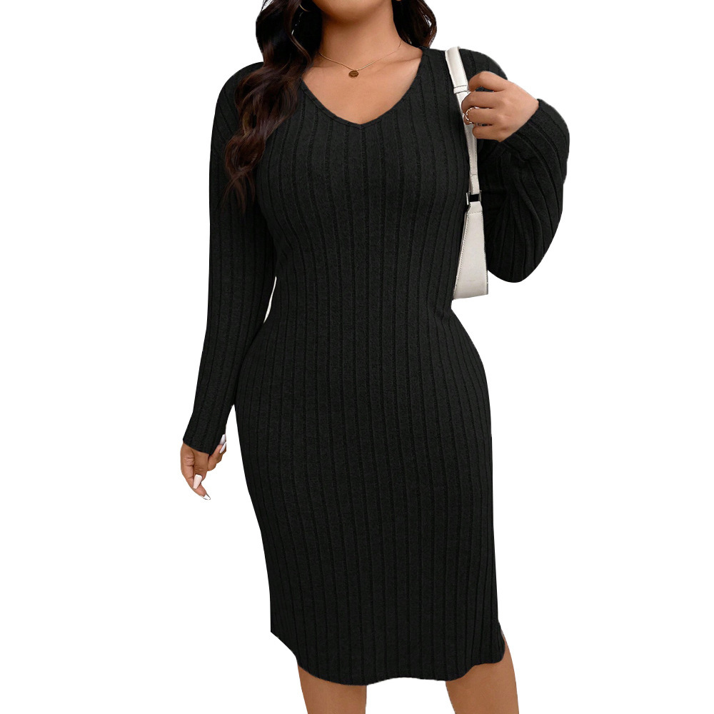 Plus Size Womens V-neck Autumn/winter High Waisted Slit Long Sleeved Solid Color Medium Length Dress