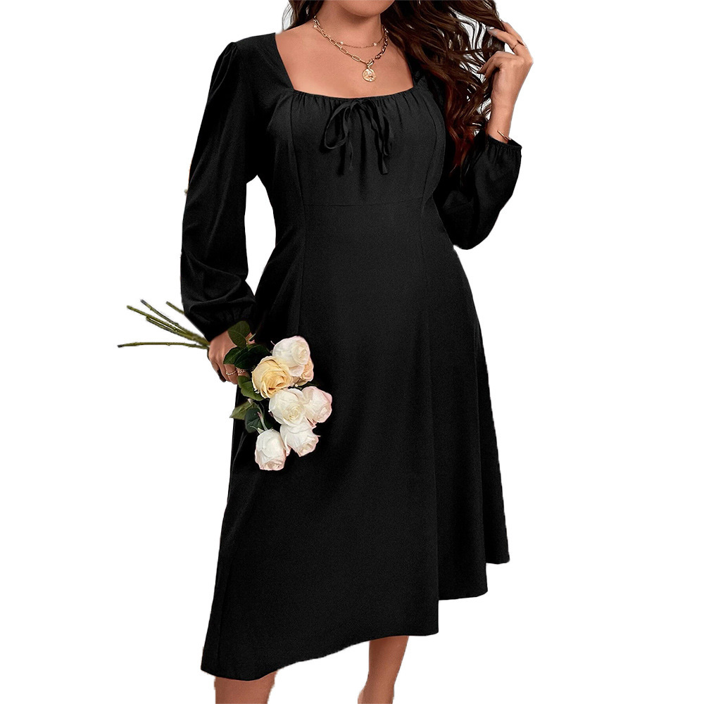 Large Size Womens New Square Collar Waist Slimming A-line Skirt Temperament Long Sleeved Dress