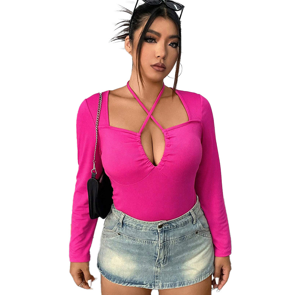 Womens Clothing Autumn and Winter New Style Sexy Hollow Hanging Neck Slim Fit Long Sleeved T-shirt American Ins Top