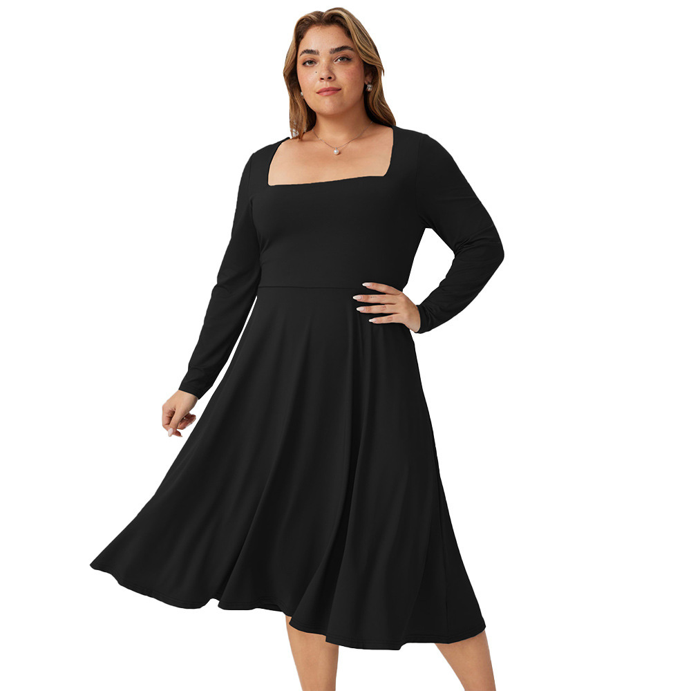 Autumn and Winter New Plus Size Womens Square Neck Medium Long Style Waist Cinching Temperament Commuting Long Sleeved Dress