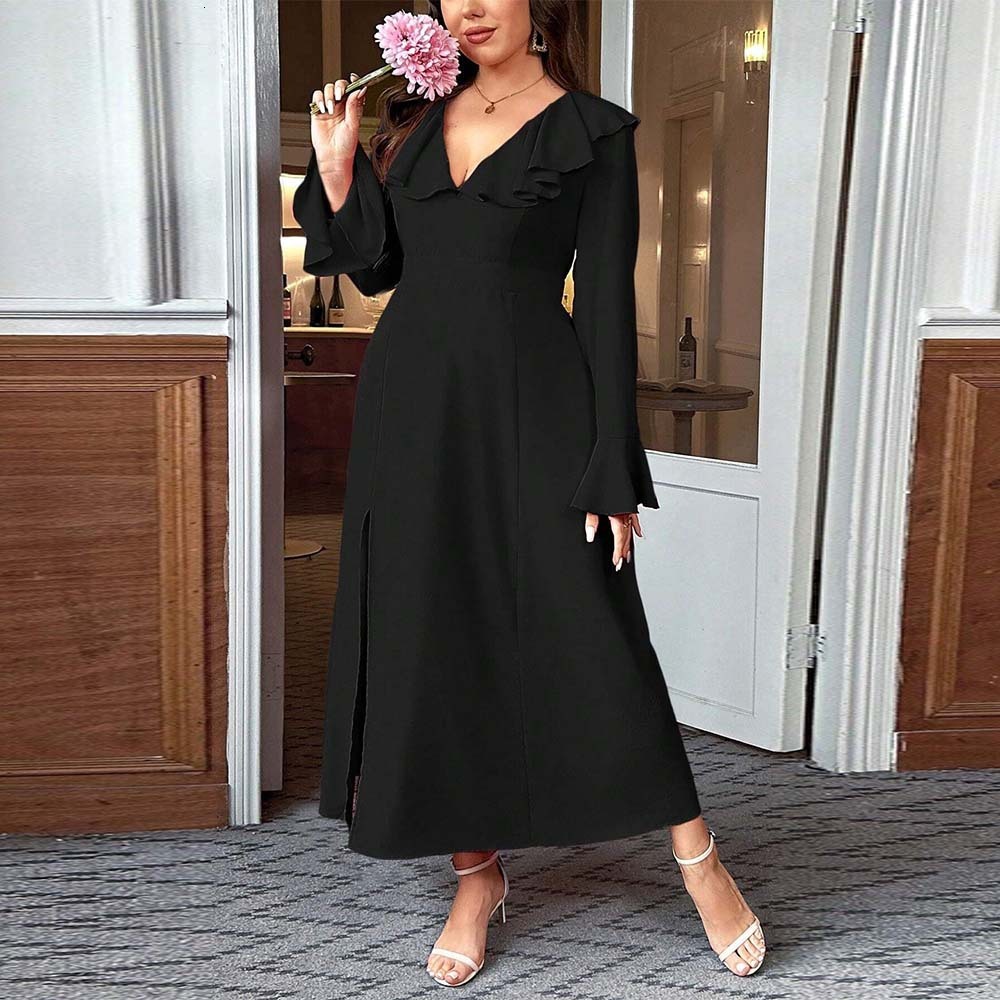 Womens Elegant and Intellectual Style Dress Autumn and Winter Ruffled Flared Sleeves High Waisted Mid Length Skirt