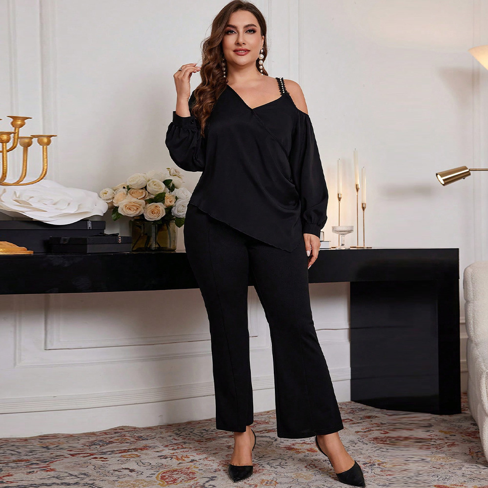 Large Size Womens Elegant Style Loose T-shirt Autumn and Winter New Item Irregular Off Shoulder Inner Top