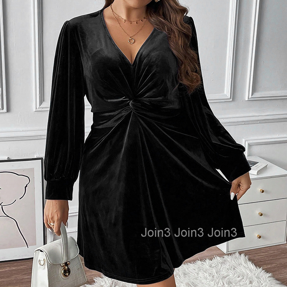 Large Size Womens Sexy and Elegant Twisted Hip Skirt with Temperament Slim Fit and Slimming Long Sleeved Velvet Dress