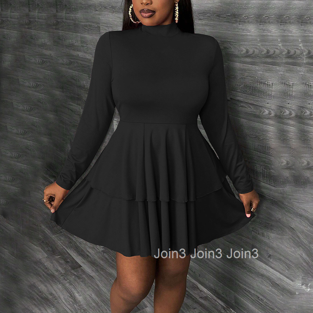 Plus Size Womens Simple Semi High Neck Dress Autumn and Winter Fashion Slim Fit Short Skirt