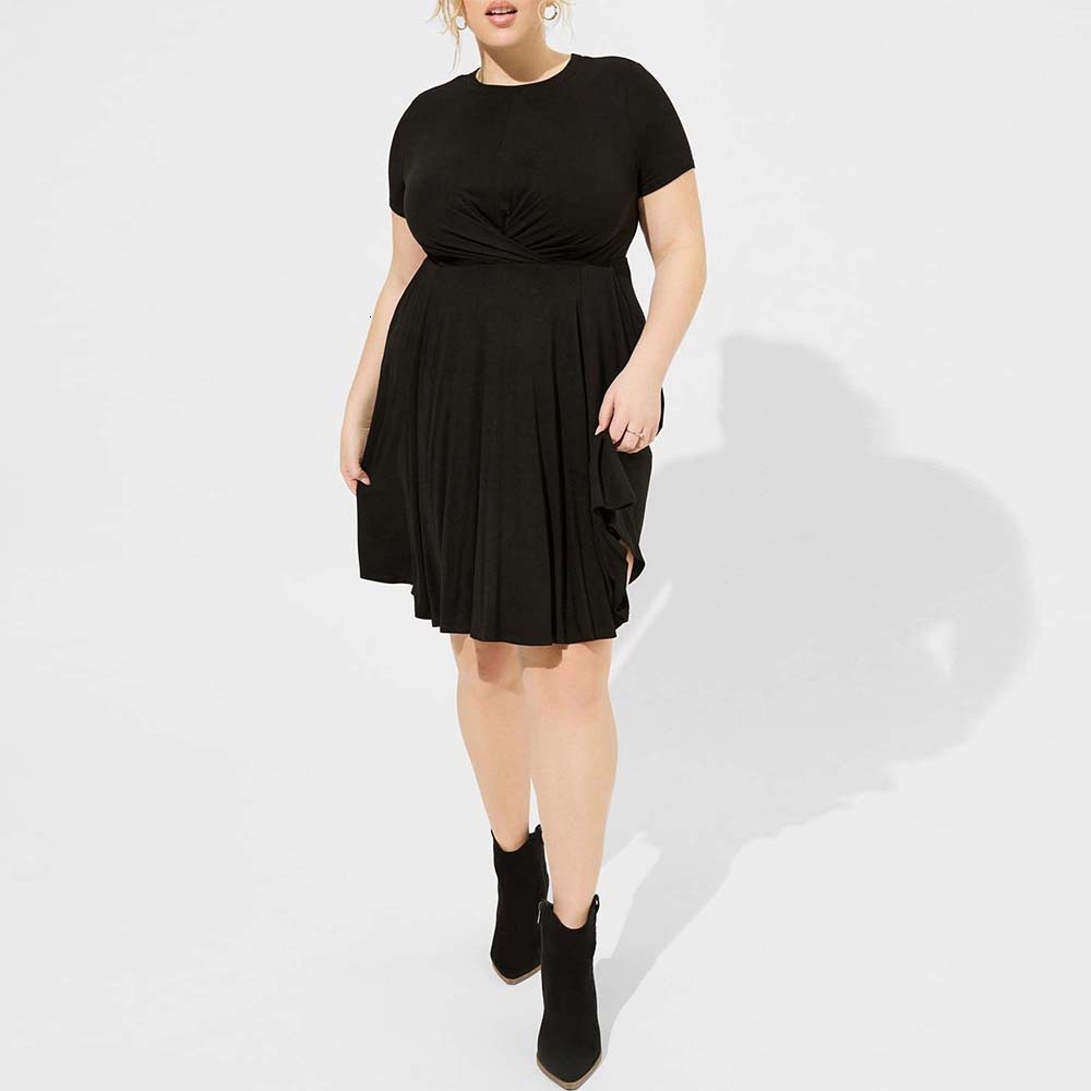 Plus Size Womens Elegant Round Neck Short Sleeved Dress Summer New Collection Waist Cinching Pleated Short Skirt