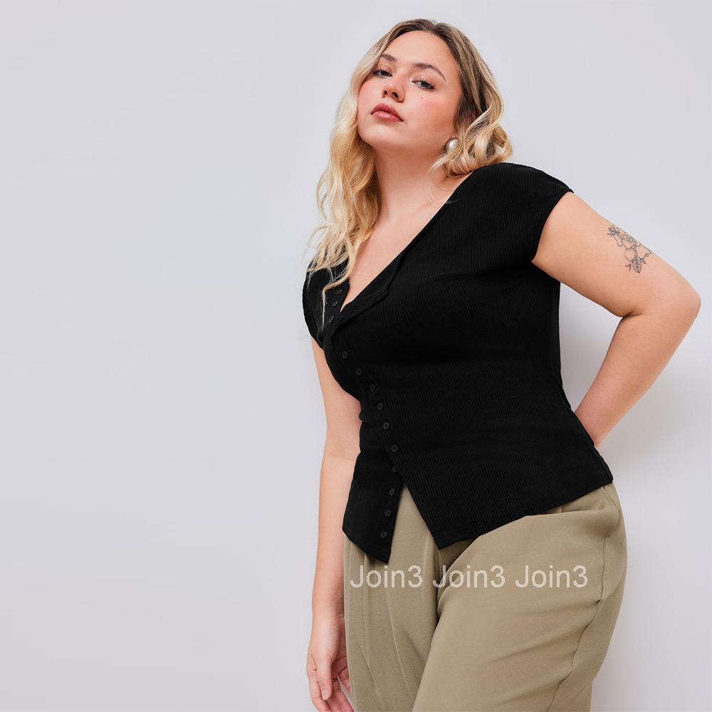 Plus Size Womens Slanted Neck T-shirt Summer New Single Breasted Slim Fit Shoulder Top