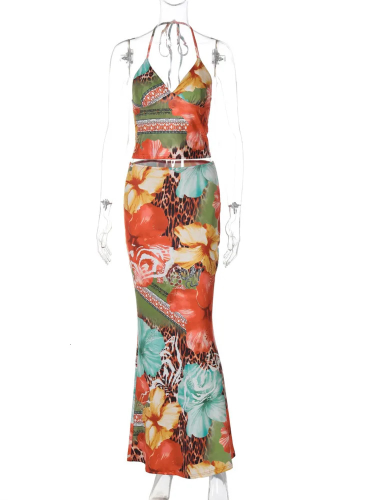 Mozision Leopard Print Sexy 2 Piece Sets Women Summer Fashion Lace-up Halter Crop Tops And Maxi Skirt Female Party Two Piece Set 250516