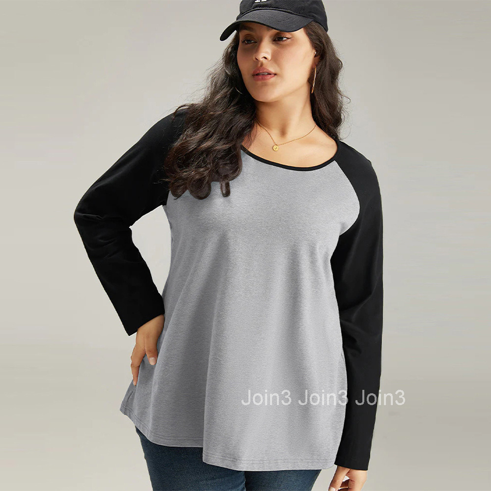 Large Size Womens Loose American Style Contrasting Splicing Design T-shirt Niche Casual Long Sleeved Top