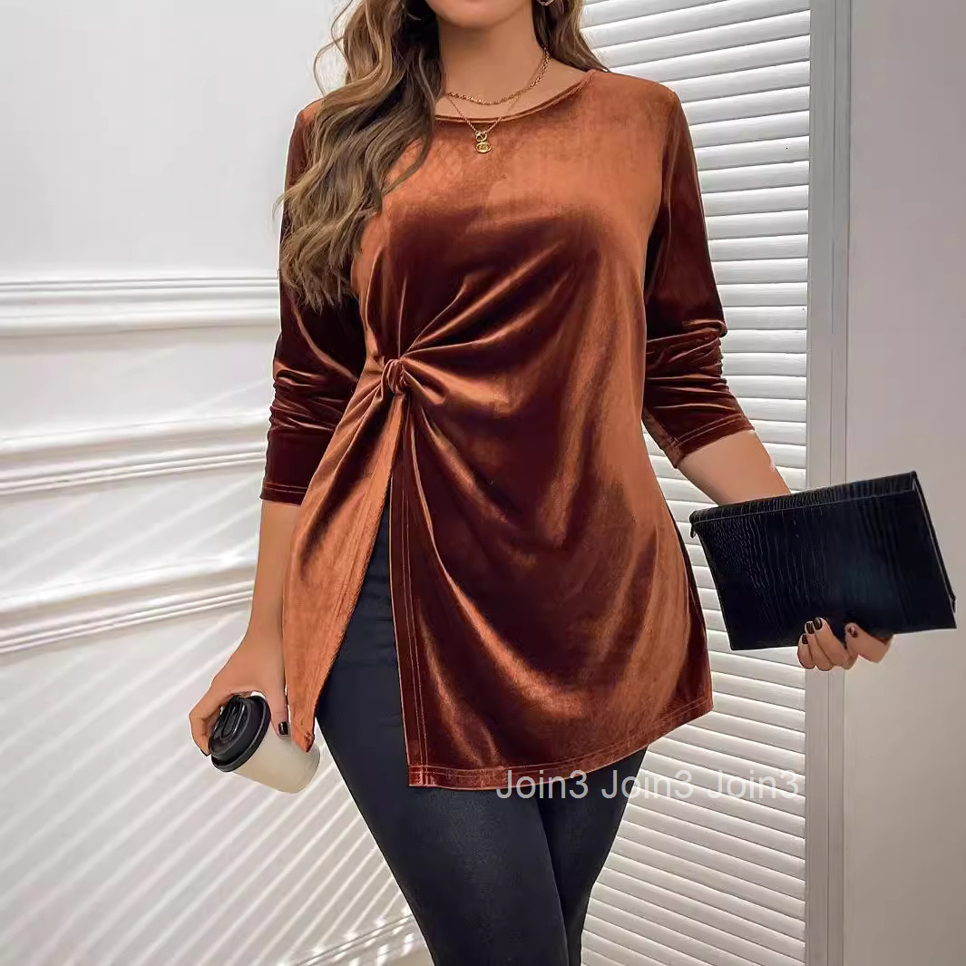 Large Size Womens Elegant Style T-shirt for Autumn and Winter Twisted and Slimming Korean Velvet Long Sleeved Top