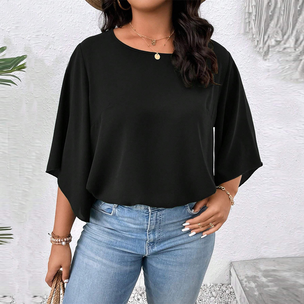 Plus Size Womens Loose Casual T-shirt Autumn and Winter Flared Sleeves Black Slimming Short Top