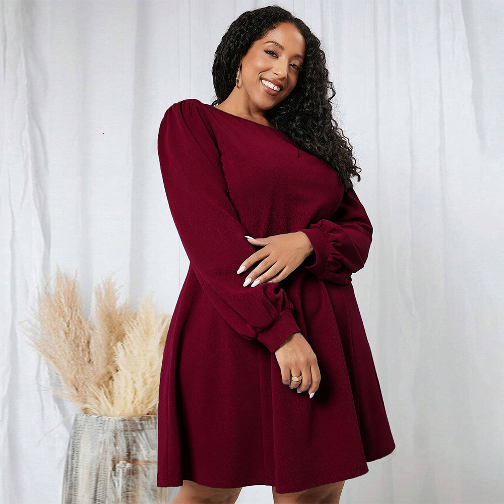Large Size Womens Clothing Autumn and Winter New Collection Waist Cinching Large Skirt Round Neck Long Sleeved Fashionable Temperament Dress