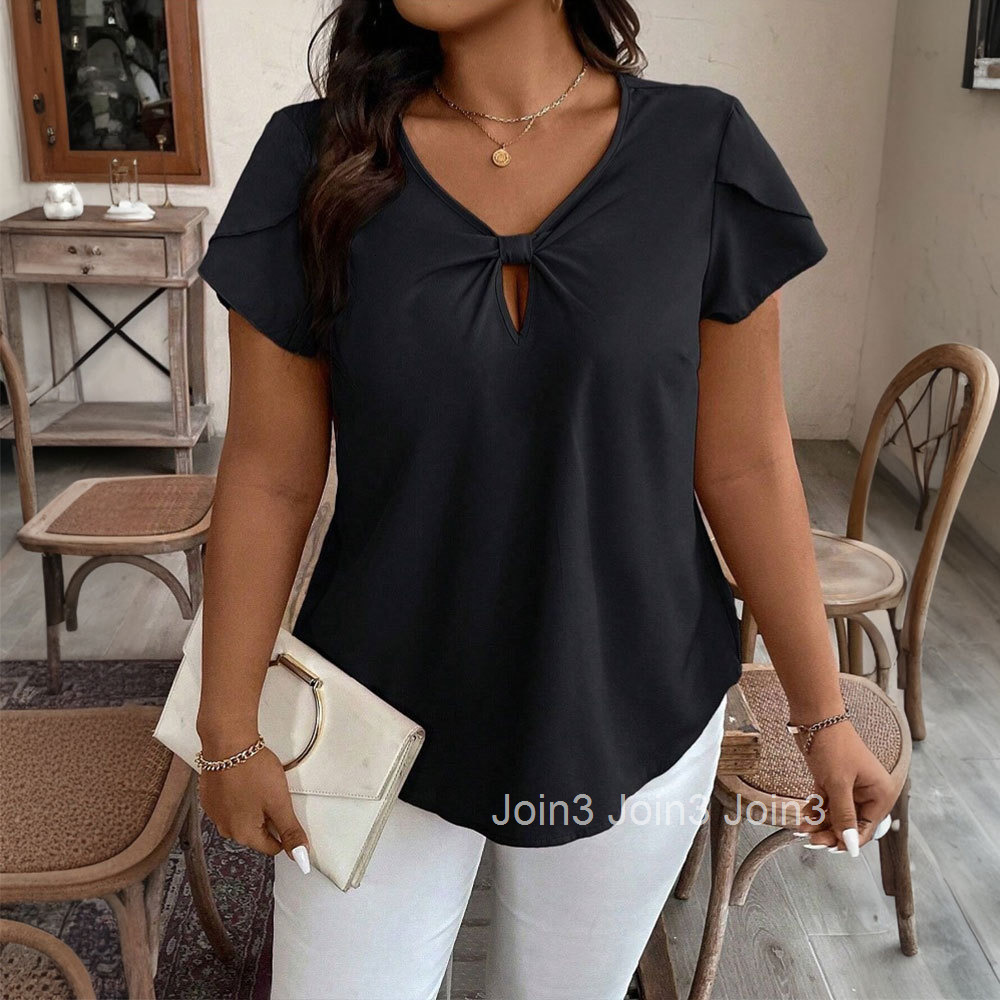 2025summer Simple V-neck T-shirt Loose Casual Commuting Short Sleeved Top