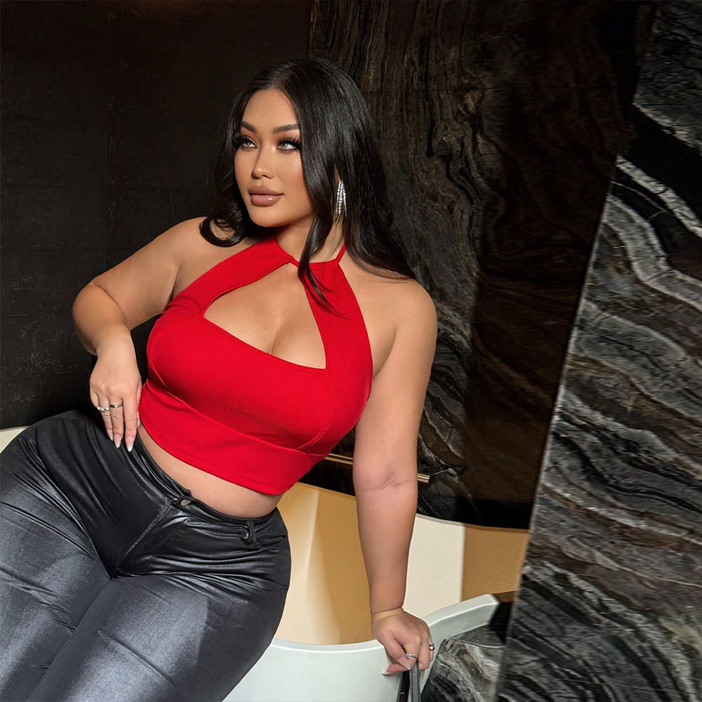Large Size Womens Clothing 2025 Spring/summer New Style Sexy Big Red Vest Hanging Neck Strap Short Top