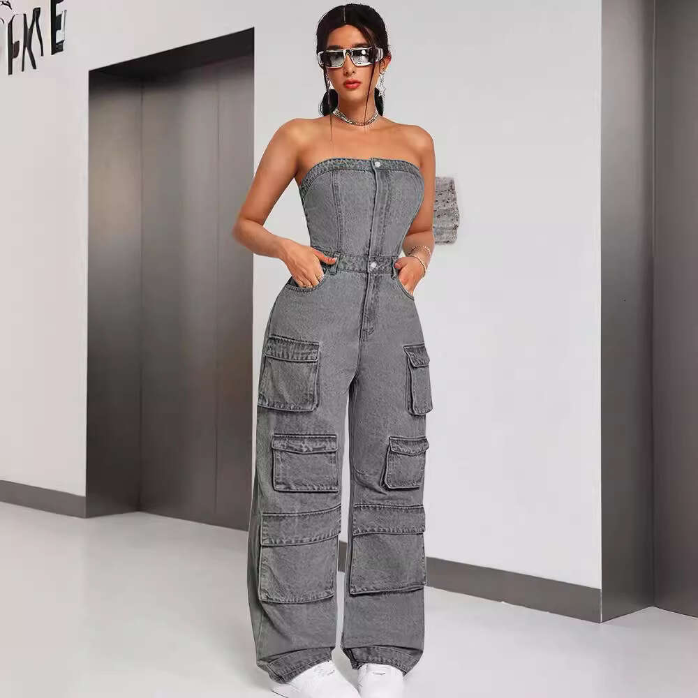 Wide Leg Jumpsuit Women S Denim Jumpsuit Women S Fashion Spicy Girl Strapless Multi Pocket Work Pants