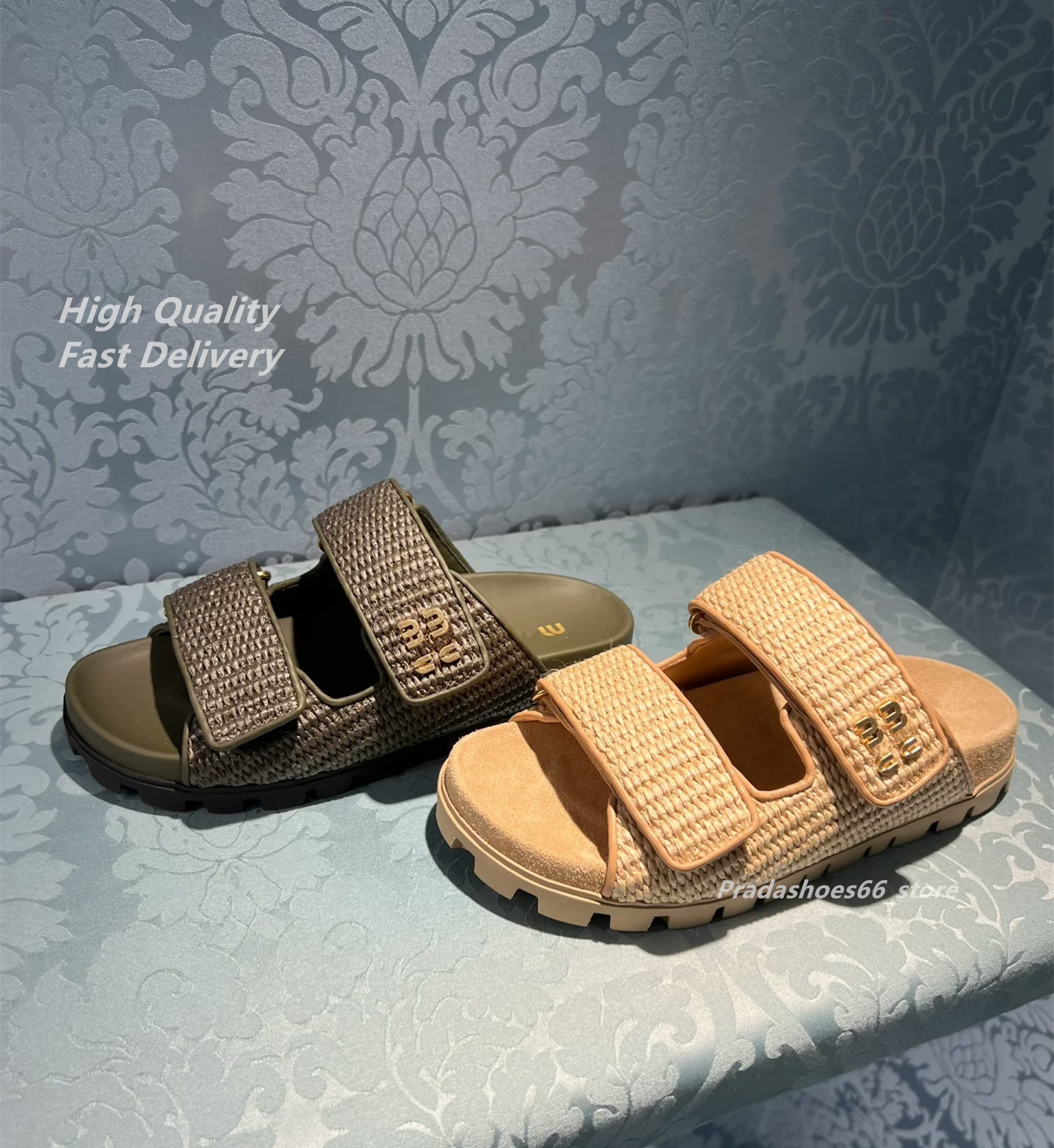 2025 New Summer Luxury designer Women's Outdoor Slippers Round Toe Thick Bottom Flat Heel Slip-On Hook Loop Simple Casual Beach Woven sandals Ladies Shoes mu Slide cd