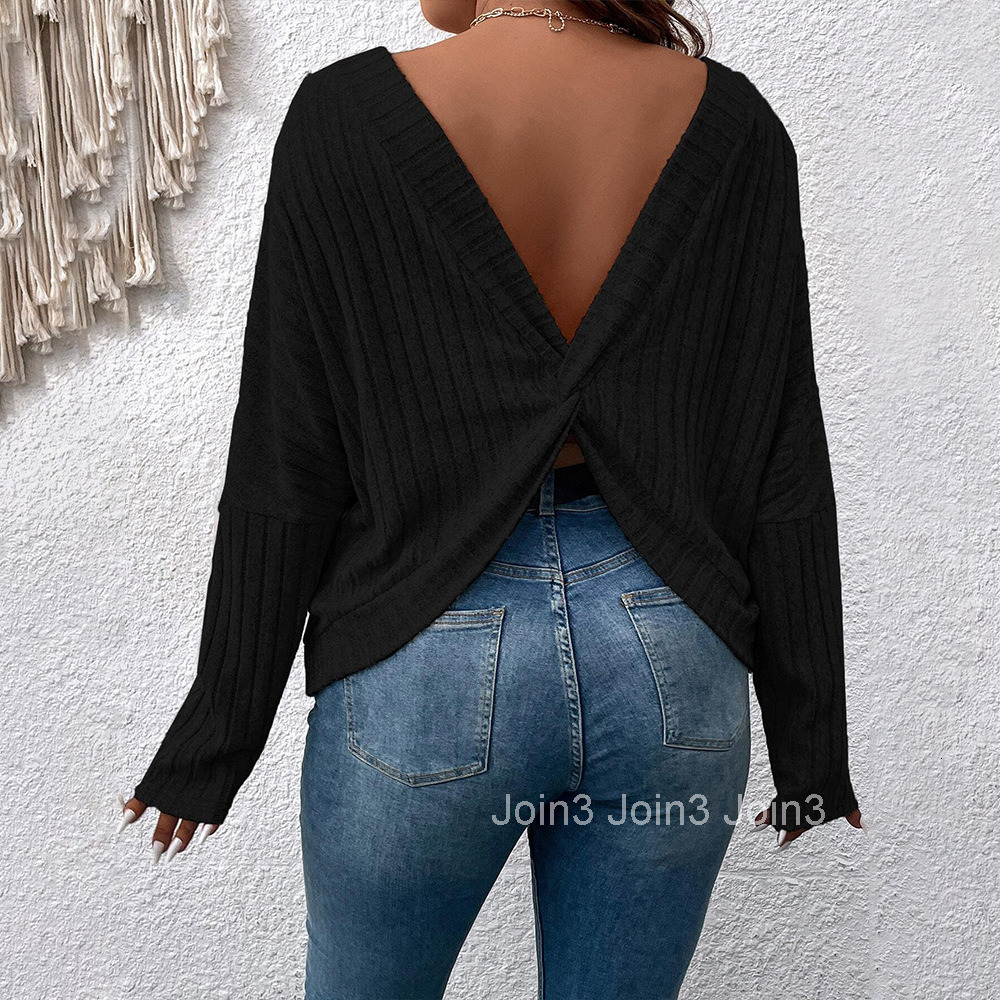 New Plus Size Womens Versatile T-shirt Autumn and Winter Wide Truffle Back Design Sense Solid Color Long Sleeved Top