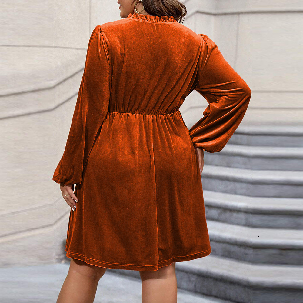 Autumn and Winter New Plus Size Womens Clothing with Waist Cinched Bubble Sleeves Large Skirt Short Skirt Velvet Dress