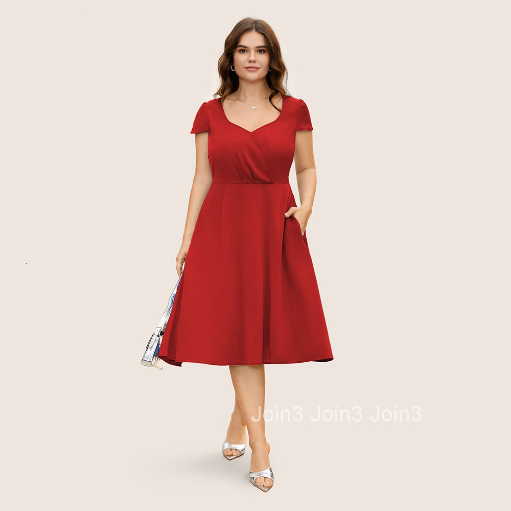 Plus Size Womens Elegant Red Dress Commuting Queen Style Slim Fit Mid Length Dress