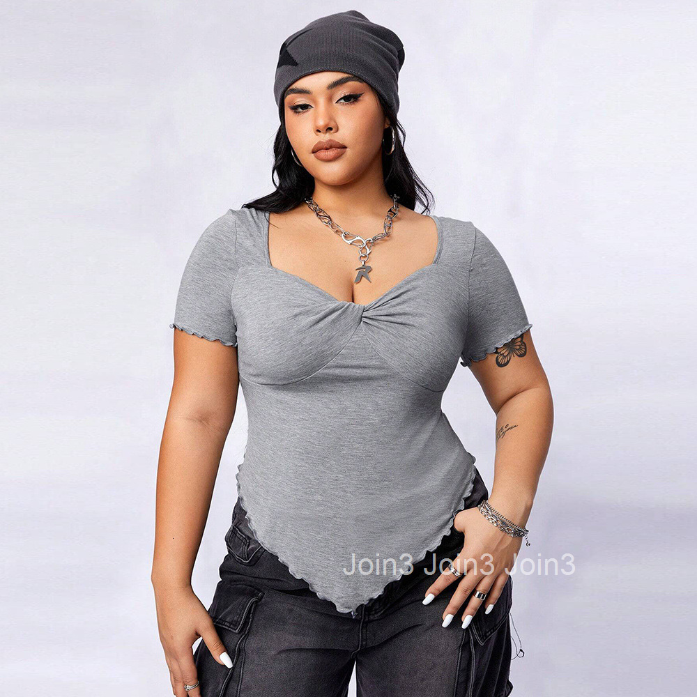Large Size Womens Square Neck Slim Fit and Slimming Irregular Knitted Short Sleeved T-shirt Top
