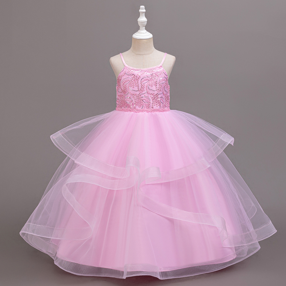 Girl Party Dress New Elegant Mesh Long Wedding Bridesmaid Dress 3-14Y Sequin Graduation Ball Evening Dresses Christmas performance host speeches D151