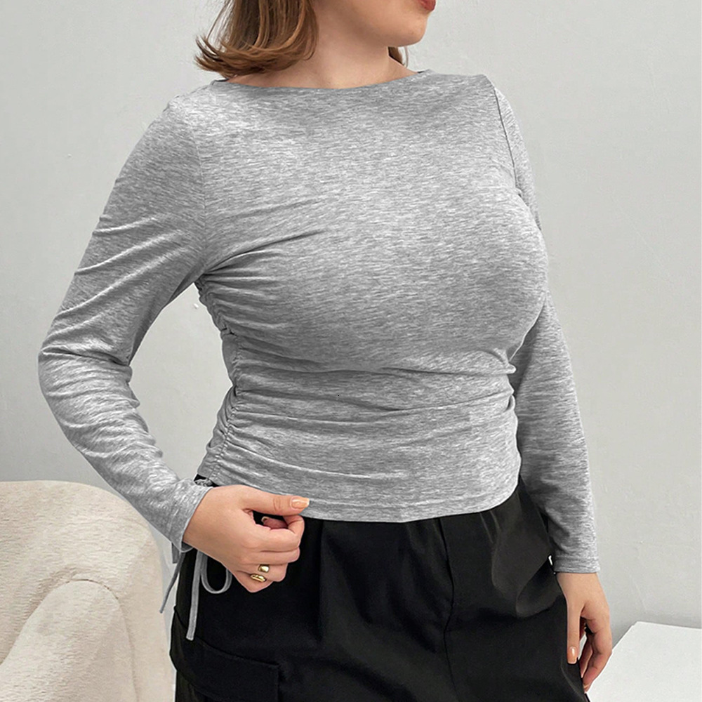 Large Size Womens American Long Sleeved T-shirt Slim Fit Short with a Bottom Layer and a Style Top