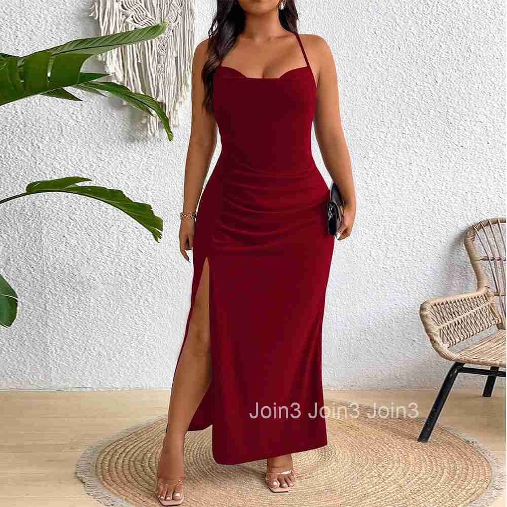 Large Size Womens Elegant Socialite Style Red Dress Autumn and Winter New High Waisted Hanging Neck Long Skirt