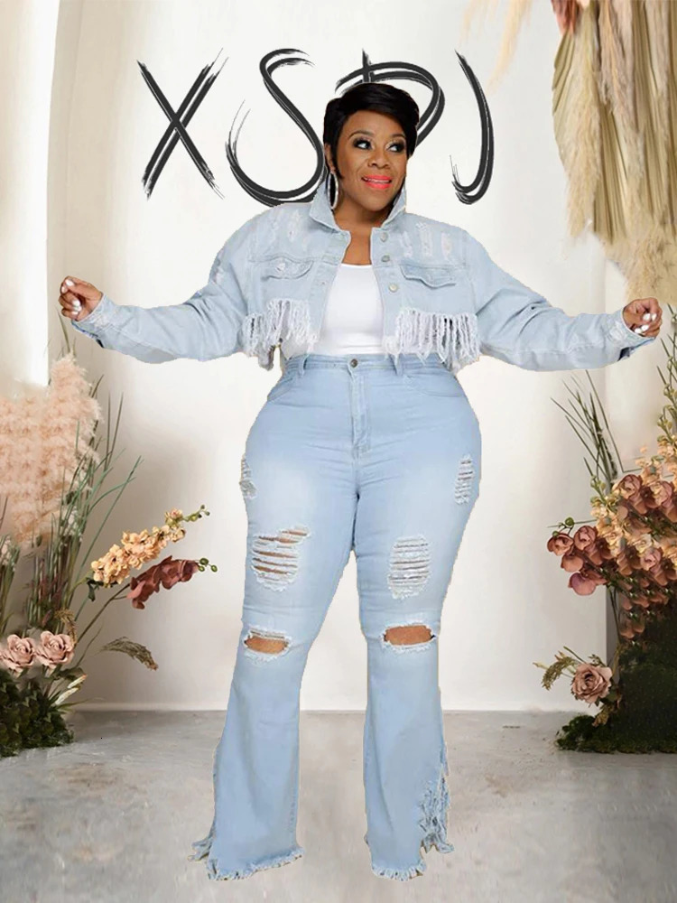 Ladies Jeans High Waist Woman Tassel Vintage Jeans Ripped Plus Size Fashion Elegant Flared Jeans Wholesale Drop 250515