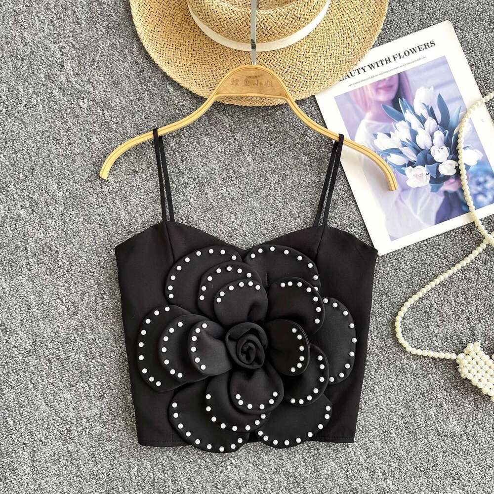 New Summer Women Elegant Chic Tiered Three-dimensional Floral Beading crop Slim vintage Sexy tank Top sweet Beach Camis
