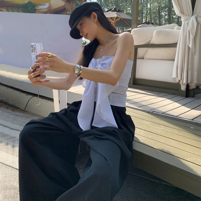 WhereMery Korean Casual Off Shoulder Print Crop Tops Fashion Bow Sleeveless Tank Top Summer 2025 Preppy Streetwear Womens Vests 250506