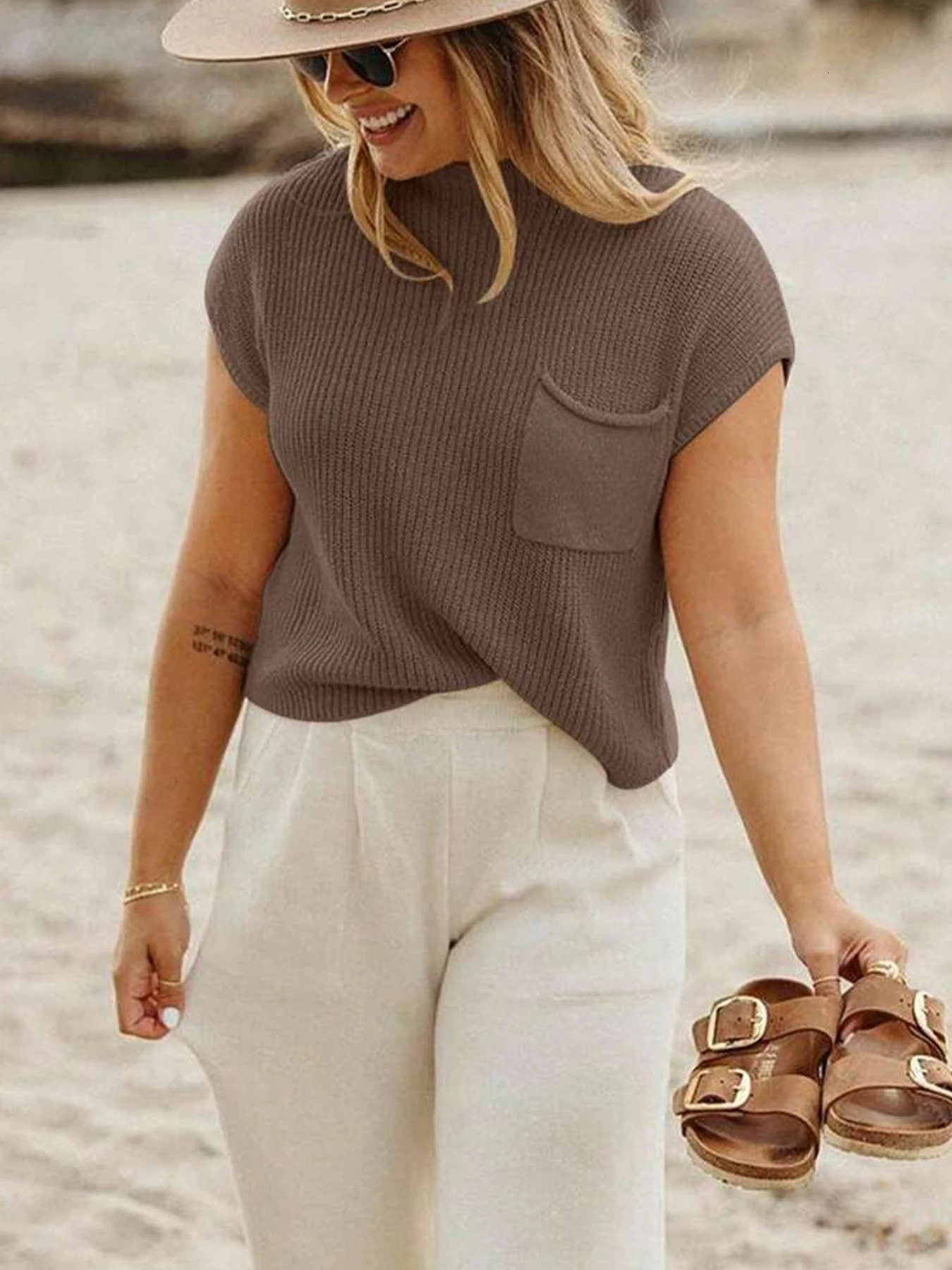 Spring and summer womens casual loose round neck knitted sweater vest 250506