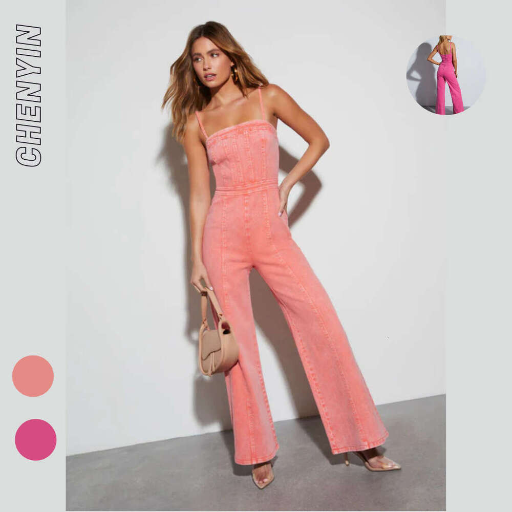 Instagram New Women Summer jumpsuit Cotton denim washed suspender slim fit high elastic micro flare pants