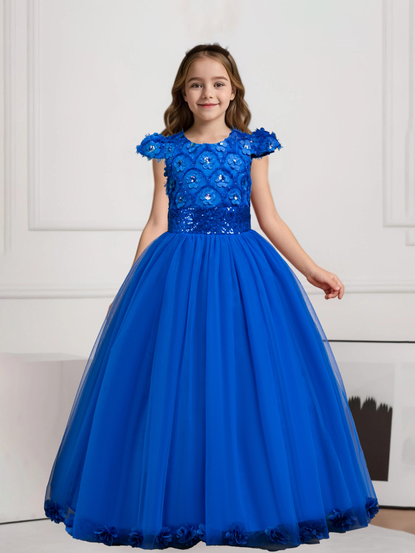 Girl Party Dress New Elegant 3D Flower Mesh Long Wedding Bridesmaid Dress 3-12Y Sequin Graduation Ball Evening Dresses Christmas performance host spee