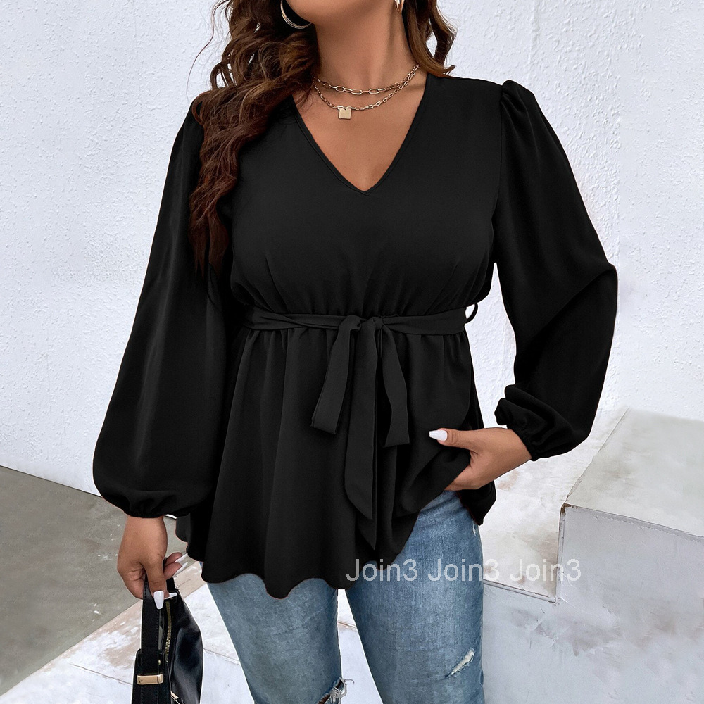 Plus Size Womens V-neck Lantern Sleeve T-shirt with Autumn and Winter Temperament Elegant Slim Fit Top