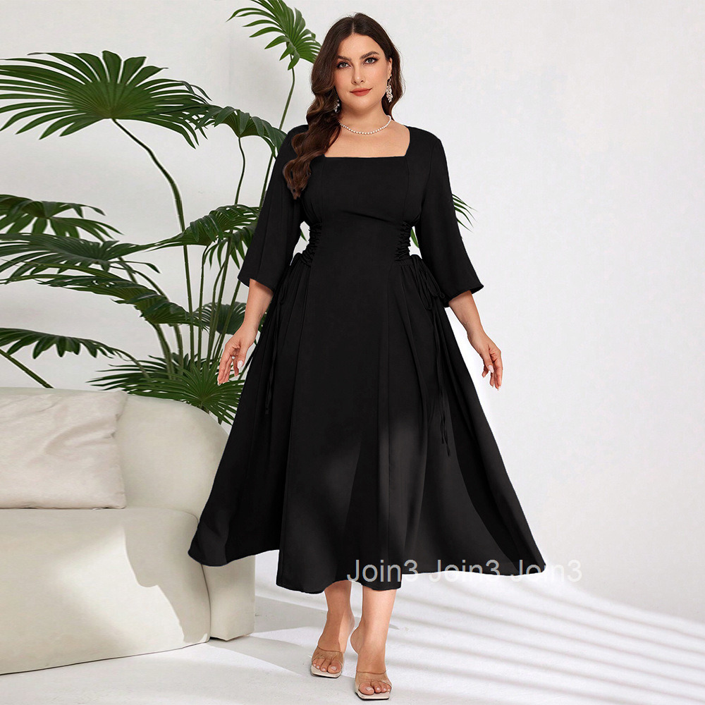 Plus Size Womens Elegant Style Square Neck Dress Autumn and Winter High-end Sense Age Reducing Design Sense Mid Length Skirt