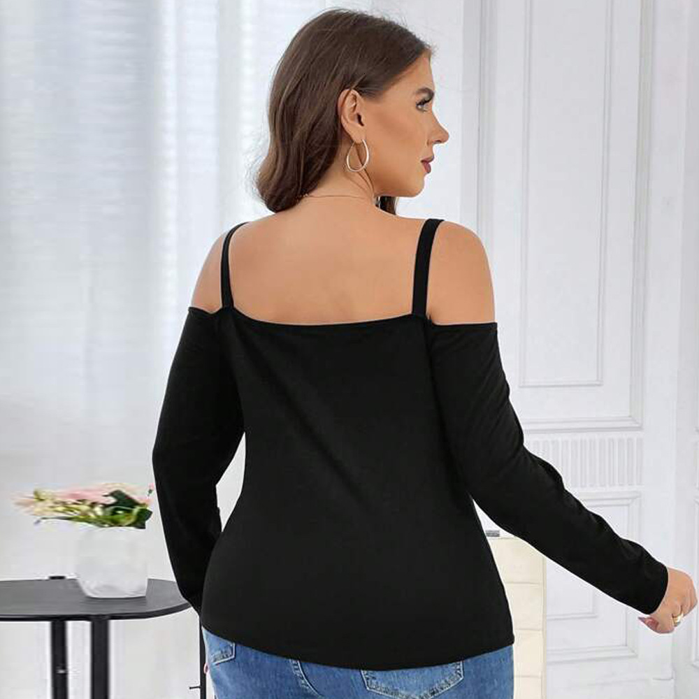 Large Womens Autumn and Winter New Slim Fit Style Sexy Off Shoulder Waffle Long Sleeve T-shirt Top