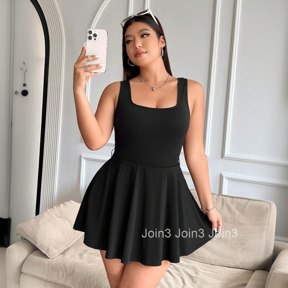 Large Size Womens Simple and Elegant Style Dress for Spring and Summer 2025 New Square Collar Camisole Short Skirt