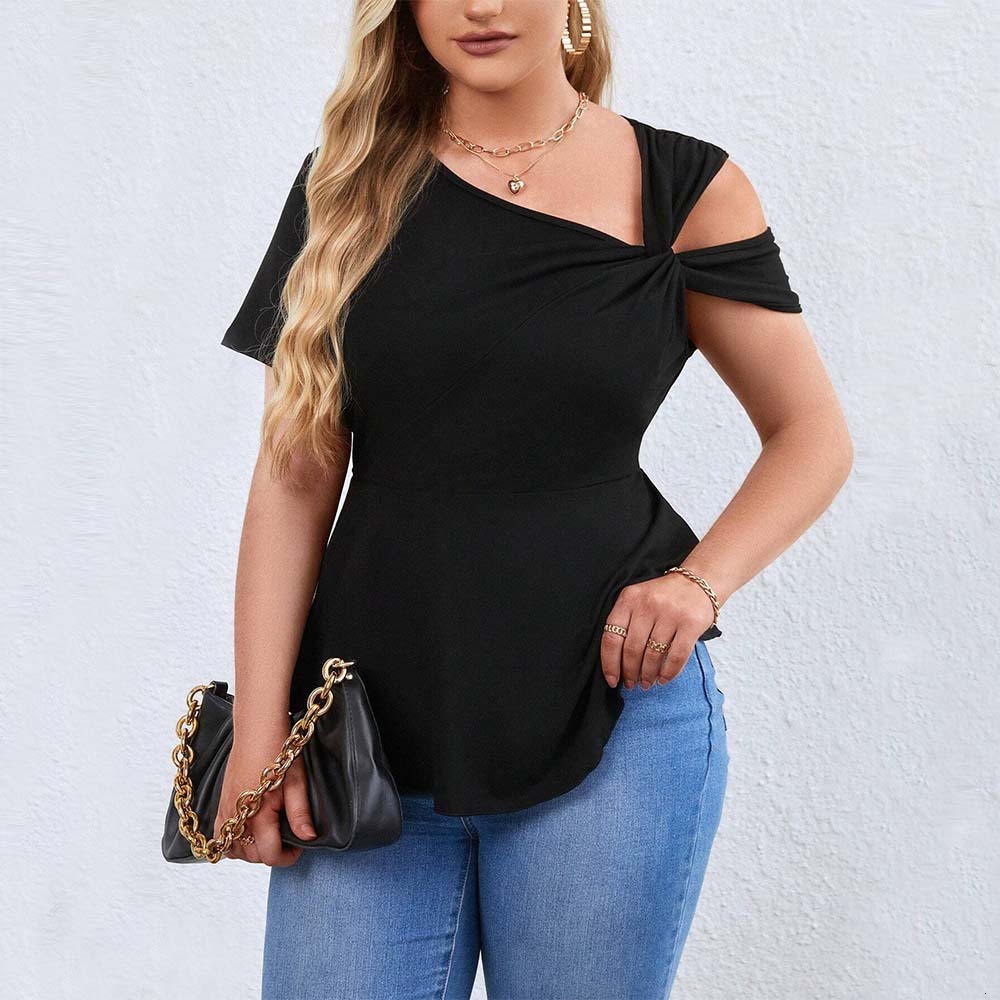 Plus Size Womens Sexy Off Shoulder Sloping Neck T-shirt Summer New Style Pullover Solid Color Short Sleeved Top