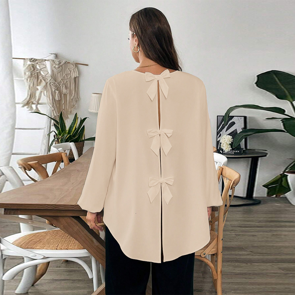 Large Size Womens Simple and Lazy Style T-shirt for Autumn and Winter Loose and Slimming Bow Tie Inner Top
