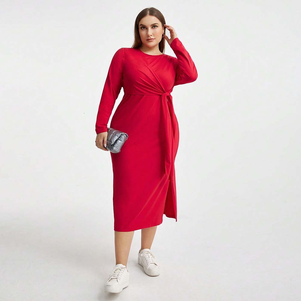 Plus Size Womens Elegant Style Autumn and Winter High Waisted Lace Up Hip Hugging Long Skirt Long Sleeved Dress