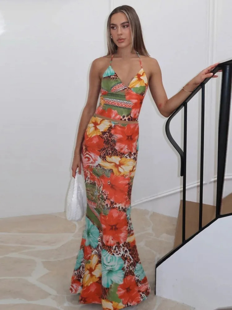 Mozision Leopard Print Sexy 2 Piece Sets Women Summer Fashion Lace-up Halter Crop Tops And Maxi Skirt Female Party Two Piece Set 250516