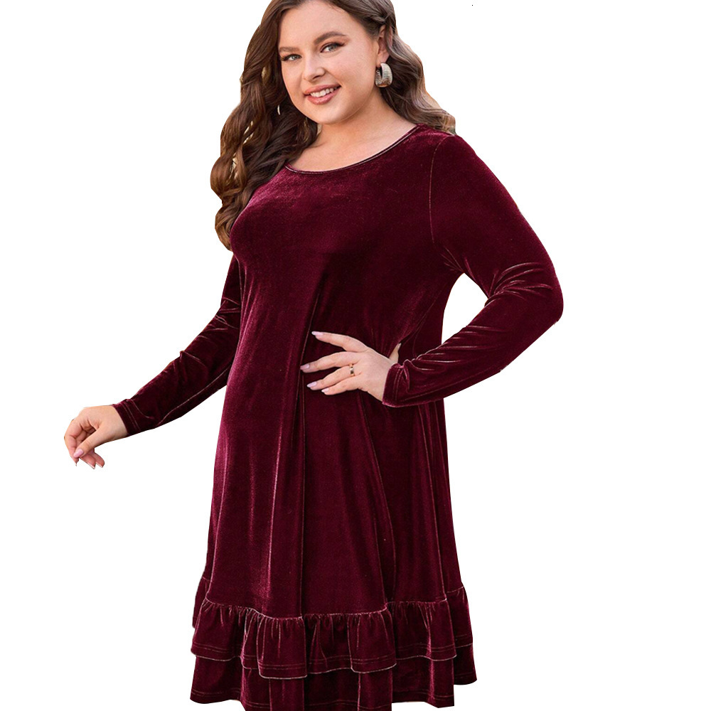 Autumn/winter New Large Womens Elegant Velvet Dress Round Neck Loose Waist Short Skirt