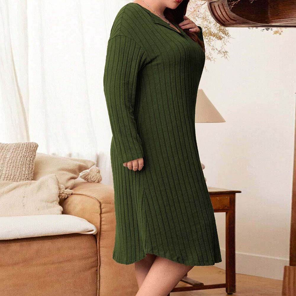 Plus Size Womens Simple Casual Style Dress Autumn and Winter Loose Fit Slimming Long Sleeved Mid Length Skirt