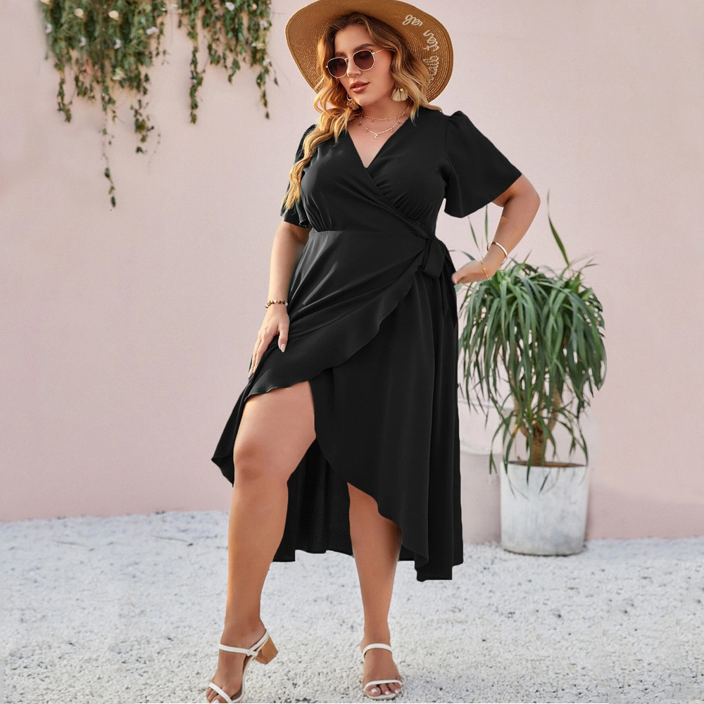 New Design with a Slim Fit Over the Knee Long Skirt Elegant Temperament Slit and Tie Short Sleeved Slim Fit Dress