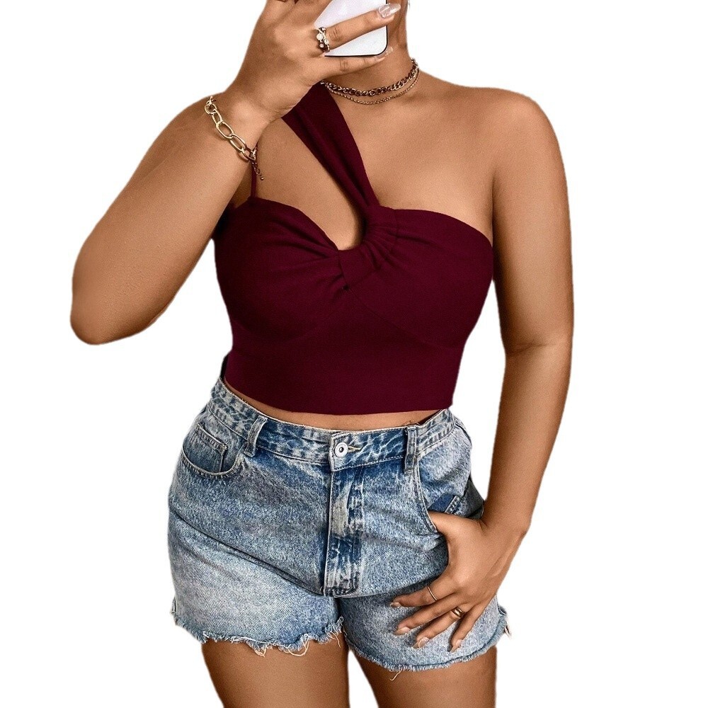 2025 Spring/summer New Large Size Womens Sexy Single Side Strap T-shirt Wine Red Slimming Short Top